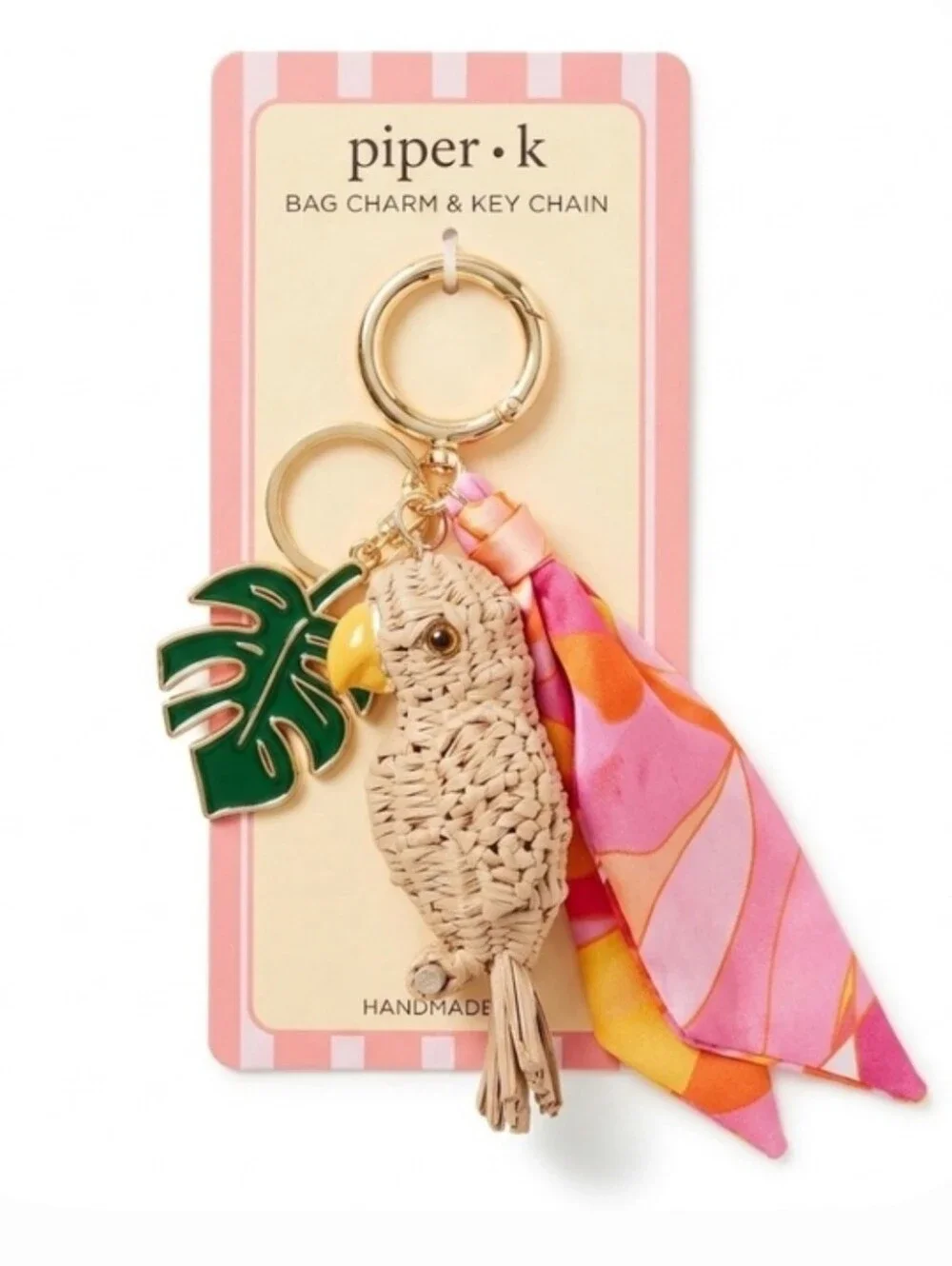 🦜▪️piper k▪️ Woven Parrot Bag Charm Keychain with Tropical Leaf & Pink Scarf